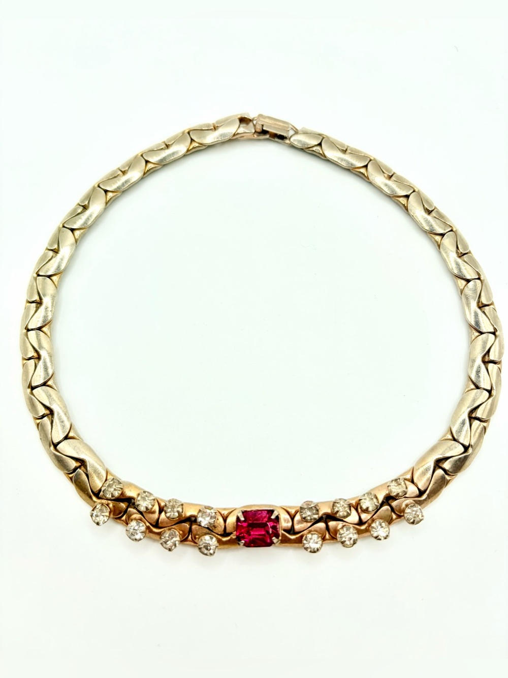 Vintage 50s Unsigned KAFIN New York Ruby Red Crystal Rhinestone Gold Tone Choker